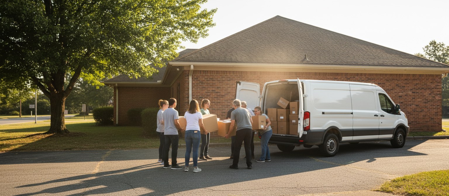 Volunteers loading donated boxes into a van outside a small community center on a sunny morning, faces turned away from camera.